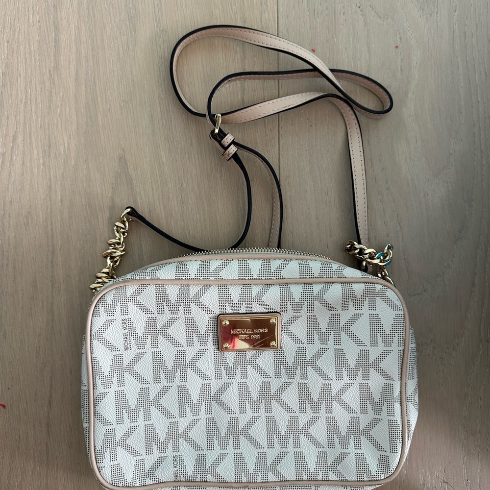 Michael Kors Signature White and Tan Crossbody Bag